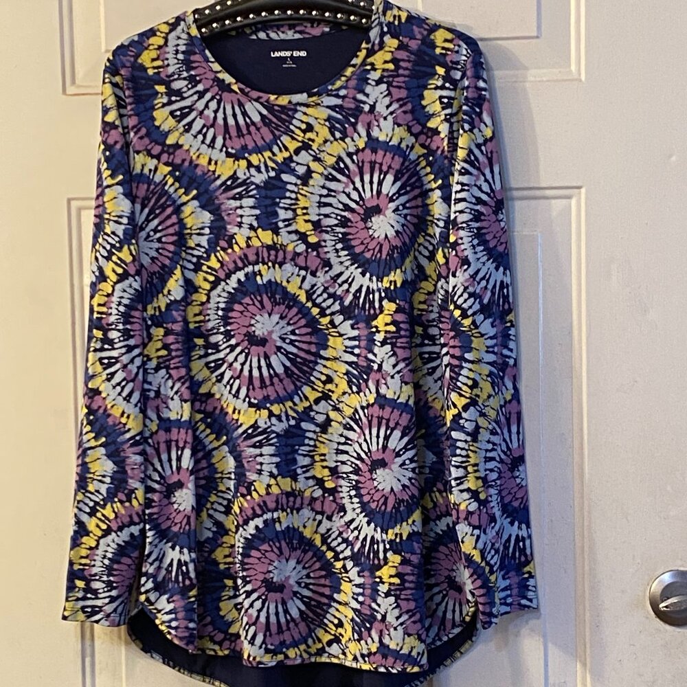 Lands'End Sz L 14/16 Women Knit Top Tunic Long Sleeve Multi Tie Dye Made in Peru